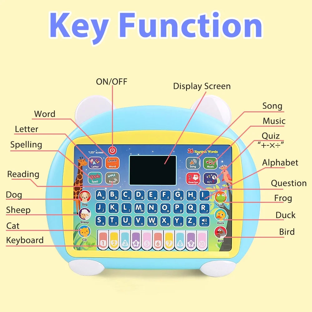 Tablet Toy for 2-3 Years Old Girls Boys, Educational Learning Toys with Light and Music, Interactive Toy for Numbers, Alphabet, Animals and Maths - Blue, with 50 Cartoon Animal Stickers