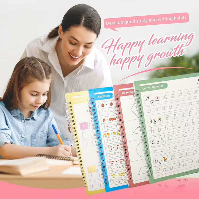 4 Magic Copybooks Children'S Toy Writing Reusable Free Wiping English Maths Drawing Children'S Toy Writing Practice Copy Book