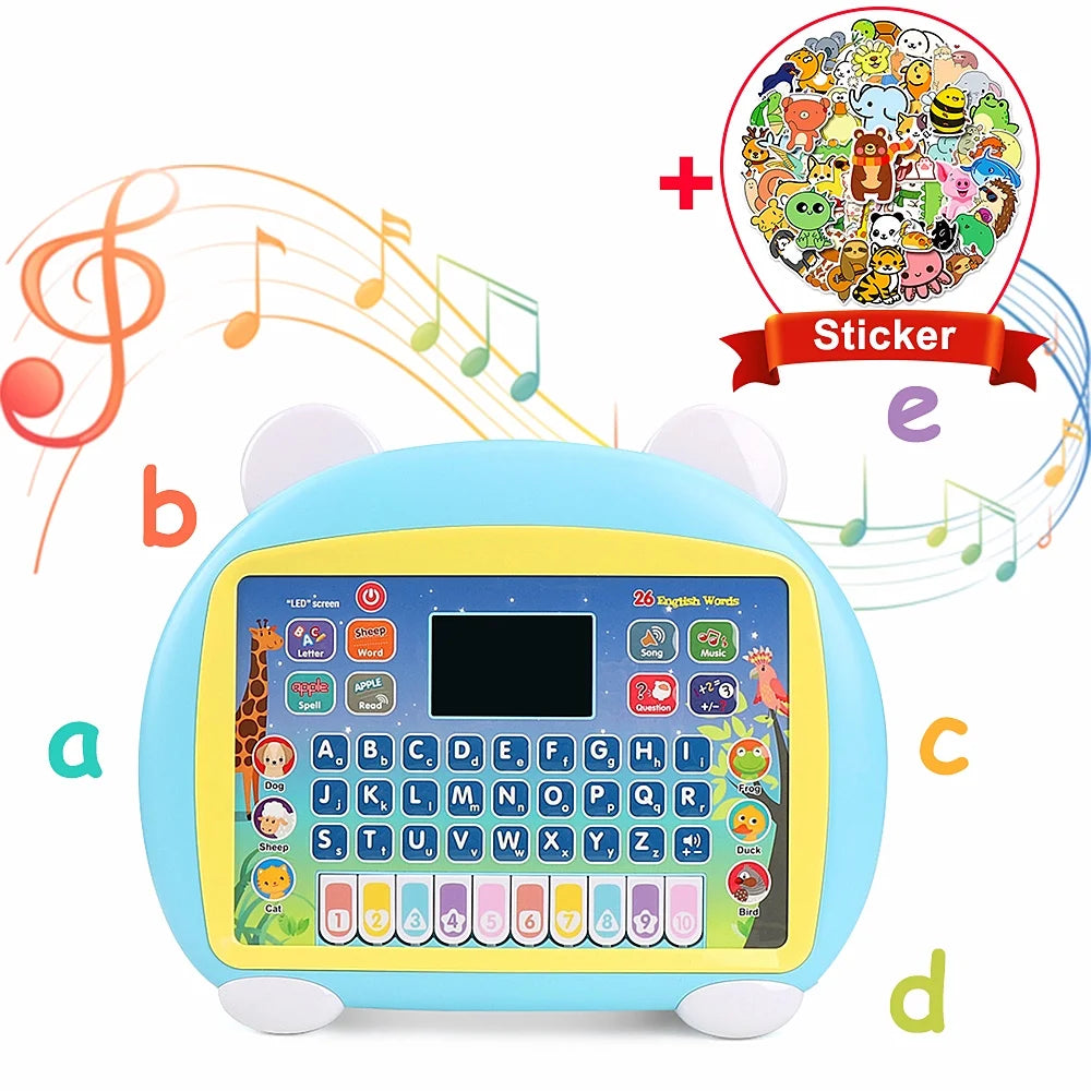 Tablet Toy for 2-3 Years Old Girls Boys, Educational Learning Toys with Light and Music, Interactive Toy for Numbers, Alphabet, Animals and Maths - Blue, with 50 Cartoon Animal Stickers
