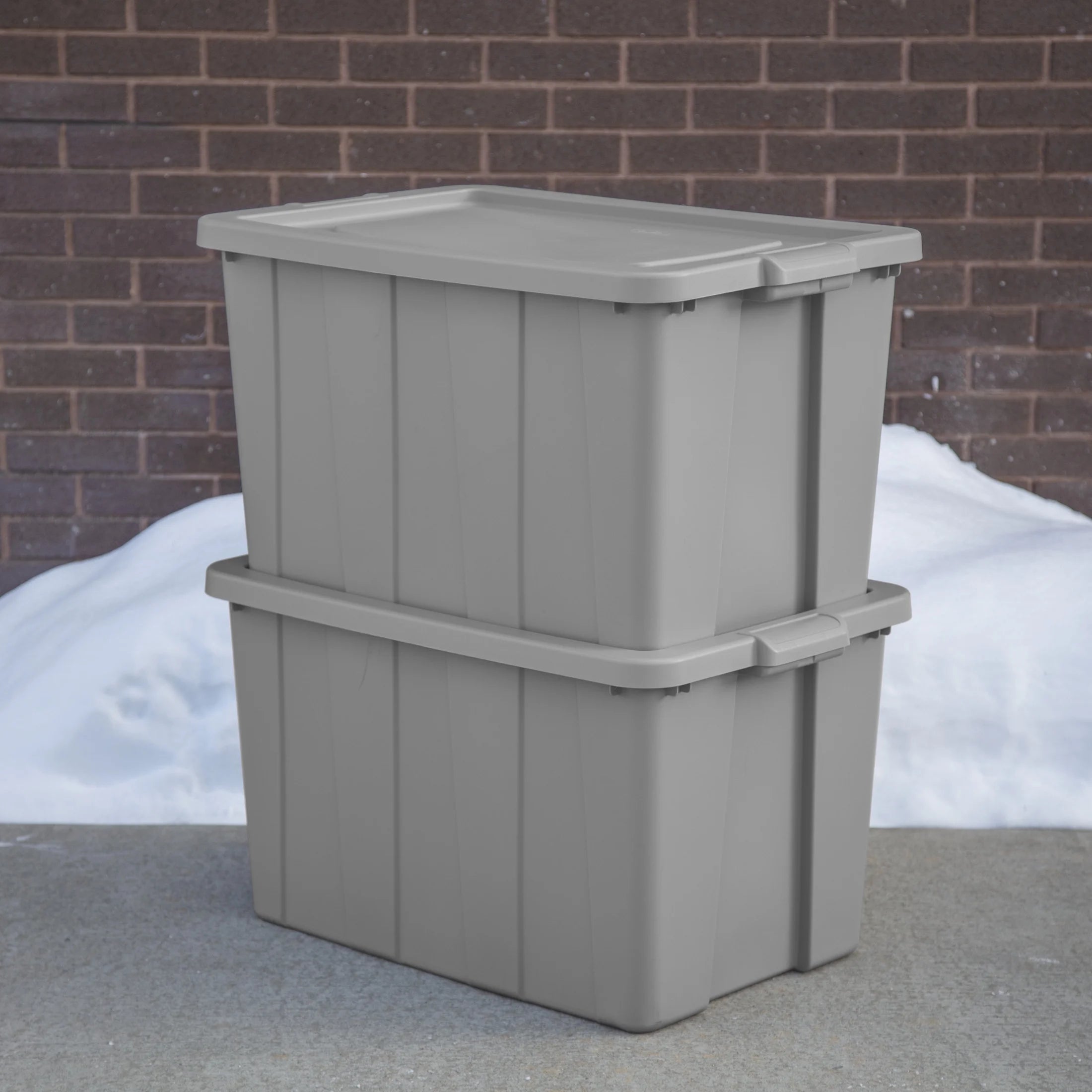 30 Gallon Tuff1 Tote, Large Rugged Plastic Bin with Snap-On Lid, Temperature and Impact Resistant, 4 Pack