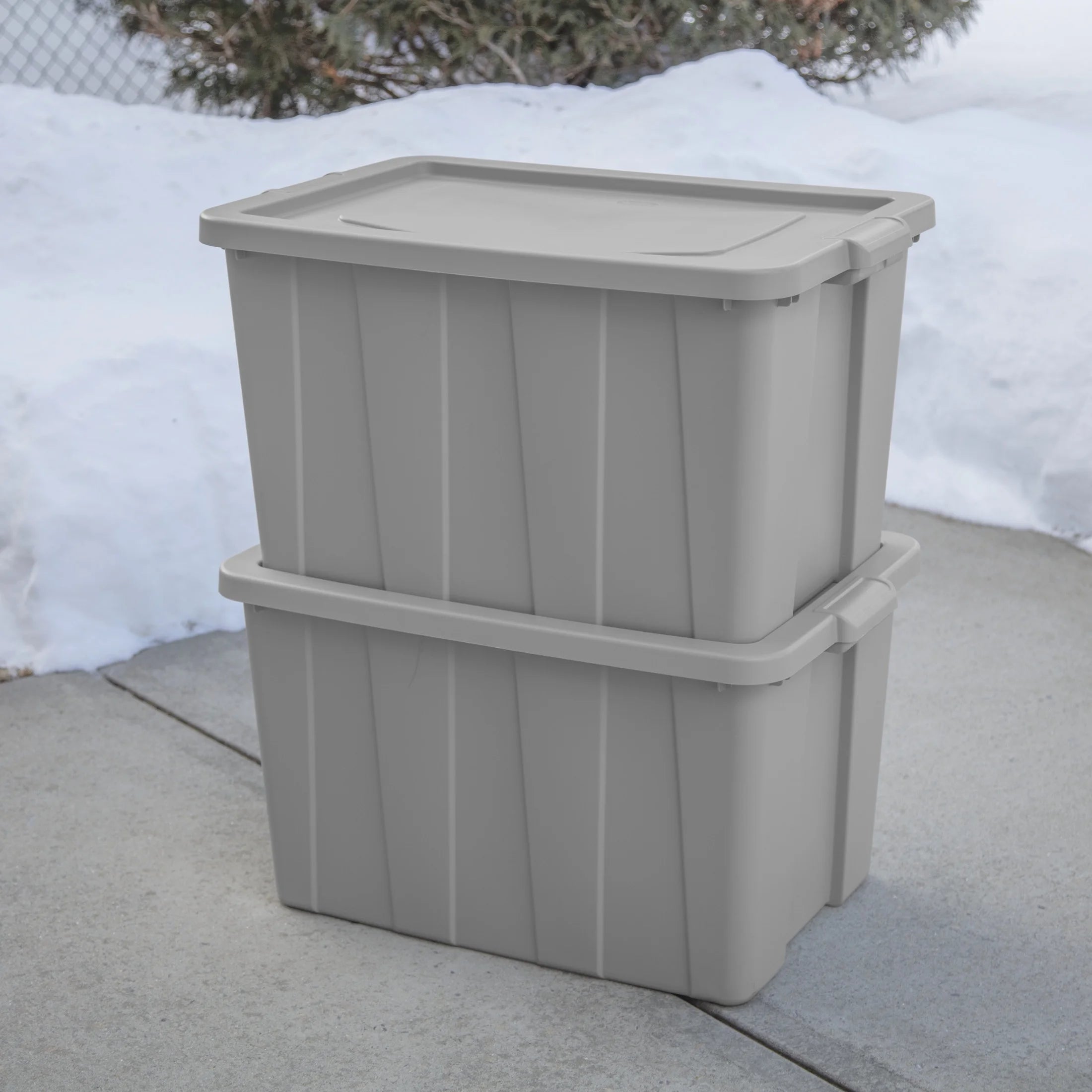 30 Gallon Tuff1 Tote, Large Rugged Plastic Bin with Snap-On Lid, Temperature and Impact Resistant, 4 Pack